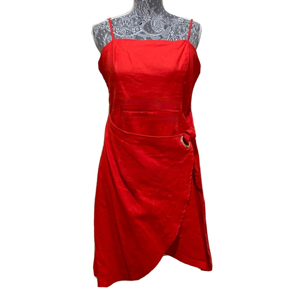 Boho Resort Tropical Red Linen Resort Tie Side Spaghetti Strap Wrap Sundress M